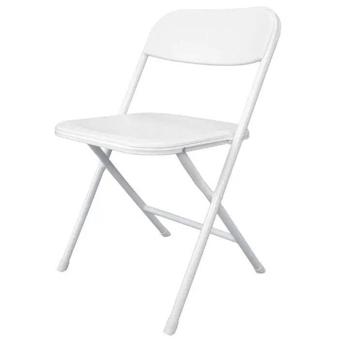 A plain white folding chair with a steel frame and a moulded seat and back.