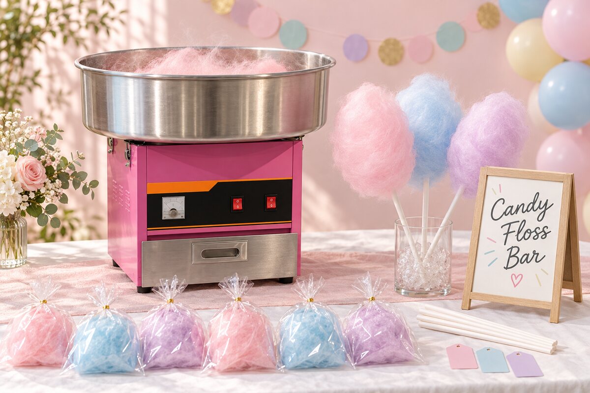 Illustration of a candy floss bar: a pink candy-floss machine on a party table beside pink, blue and purple candy floss on paper sticks, a row of clear favour bags of floss closed with twist ties, spare sticks, three pastel flavour tags and a small “Candy Floss Bar” sign.