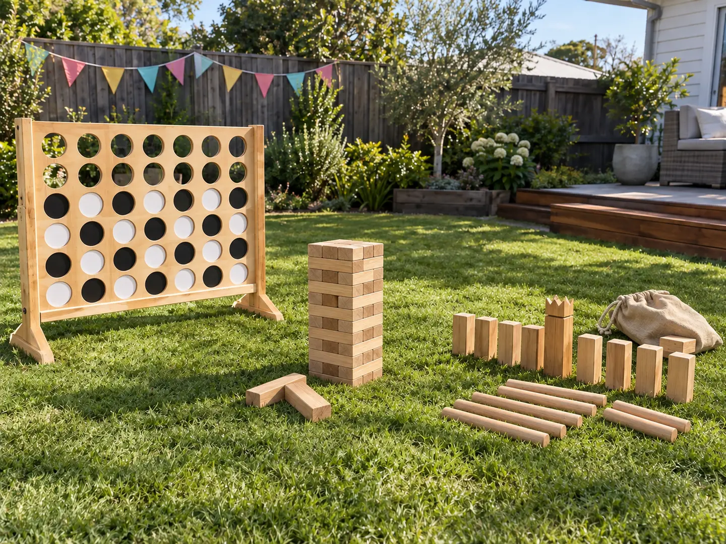 All three garden games set up together on a back lawn: giant Connect 4, a giant Jenga tower and a Kubb set laid out ready to play.