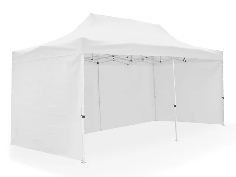 A white 3m by 6m pop-up gazebo with a peaked roof and white side walls attached on three sides, the front left open.