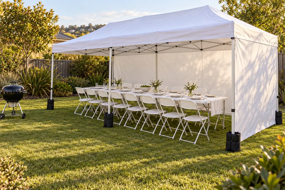 A white pop-up gazebo on a back lawn with walls on two sides and sandbag weights on the legs, sheltering a long row of adult-height tables set for lunch, with white folding chairs down both sides and a kettle barbecue nearby.