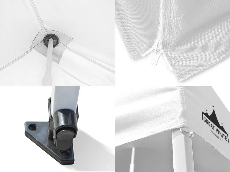Four close-ups of the gazebo: the roof hub, a zipped wall seam, a steel leg foot plate and a roof corner.