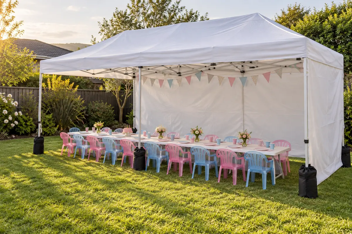 A white pop-up gazebo on a back lawn with walls on two sides, sandbag weights on the legs and bunting inside, sheltering a long row of low party tables with see-through pink and blue children’s armchairs down both sides.