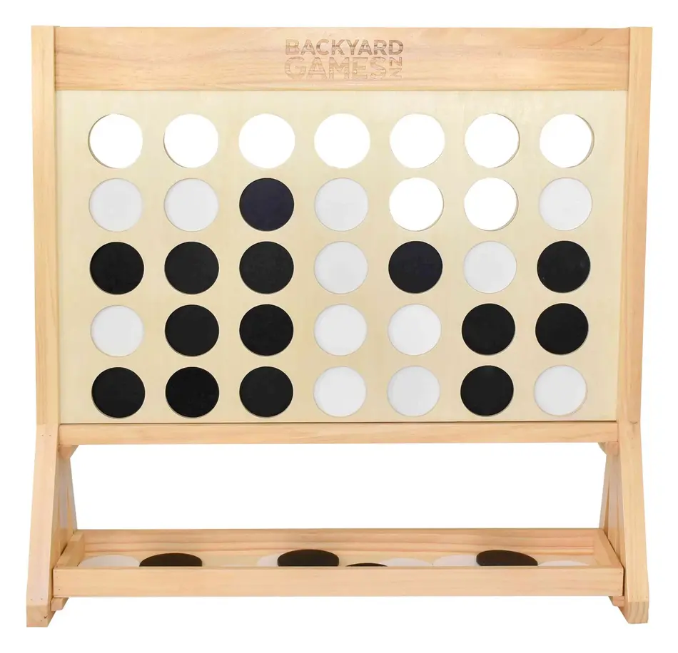 Giant Connect 4 in a solid wood frame with black and white discs in the play grid.