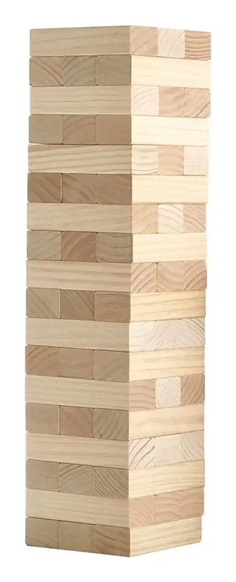 A giant Jenga tower of smooth natural hardwood blocks stacked ready to play.