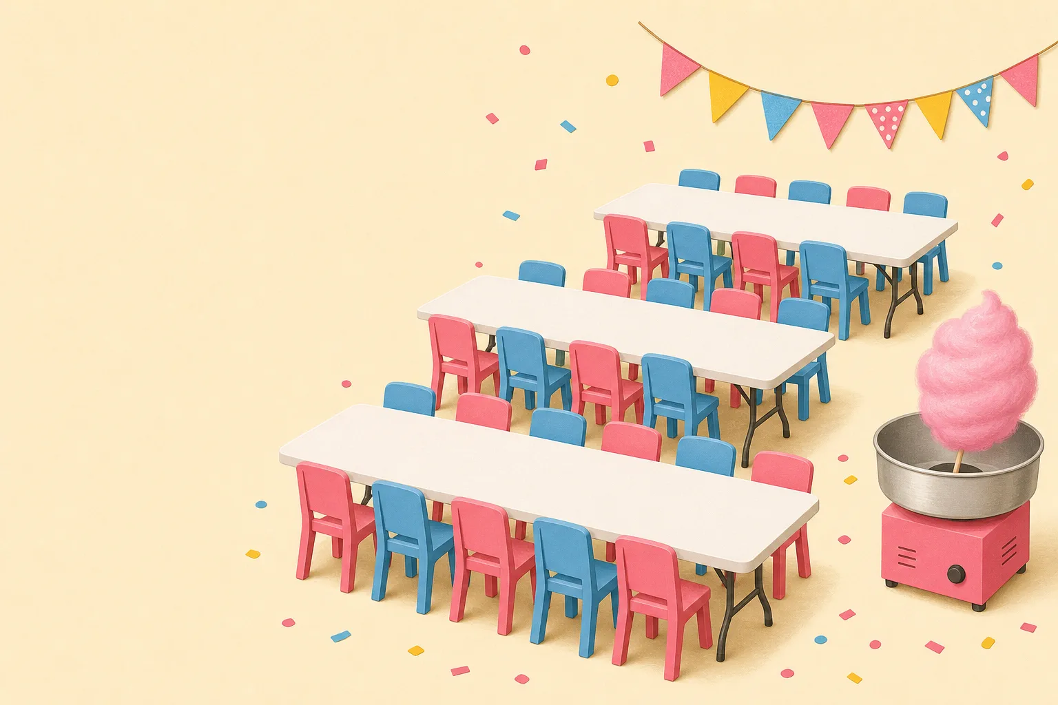 Illustration of a colourful children’s party setup with pink and blue chairs, white tables and a candy-floss machine.