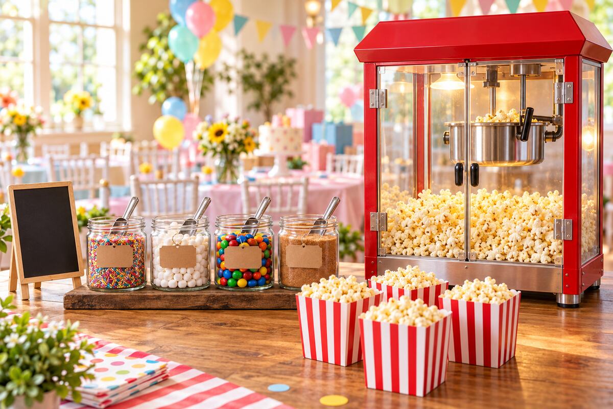Illustration of a red countertop popcorn machine with a glass cabinet full of popcorn, beside four glass topping jars with scoops, a small chalkboard sign and striped popcorn boxes on a party table.