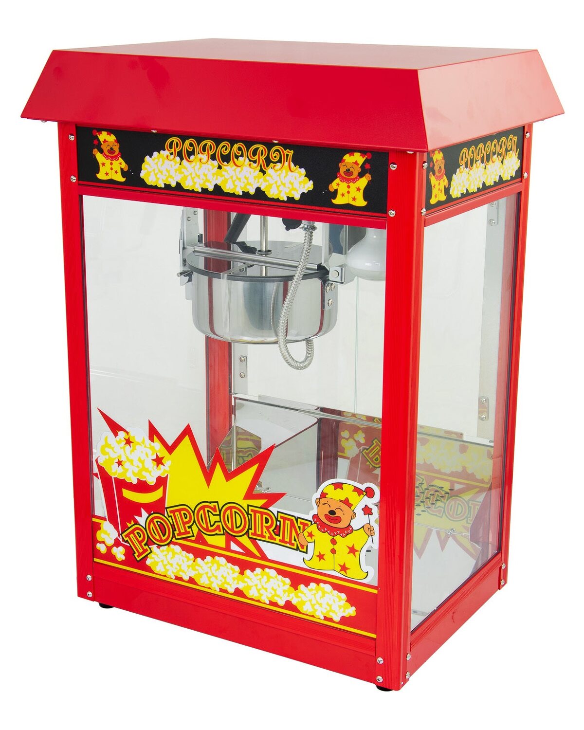 Supplier photo of a red commercial countertop popcorn machine with a glass cabinet, a stainless kettle and heat lamp inside, and yellow popcorn decals, on a white background.