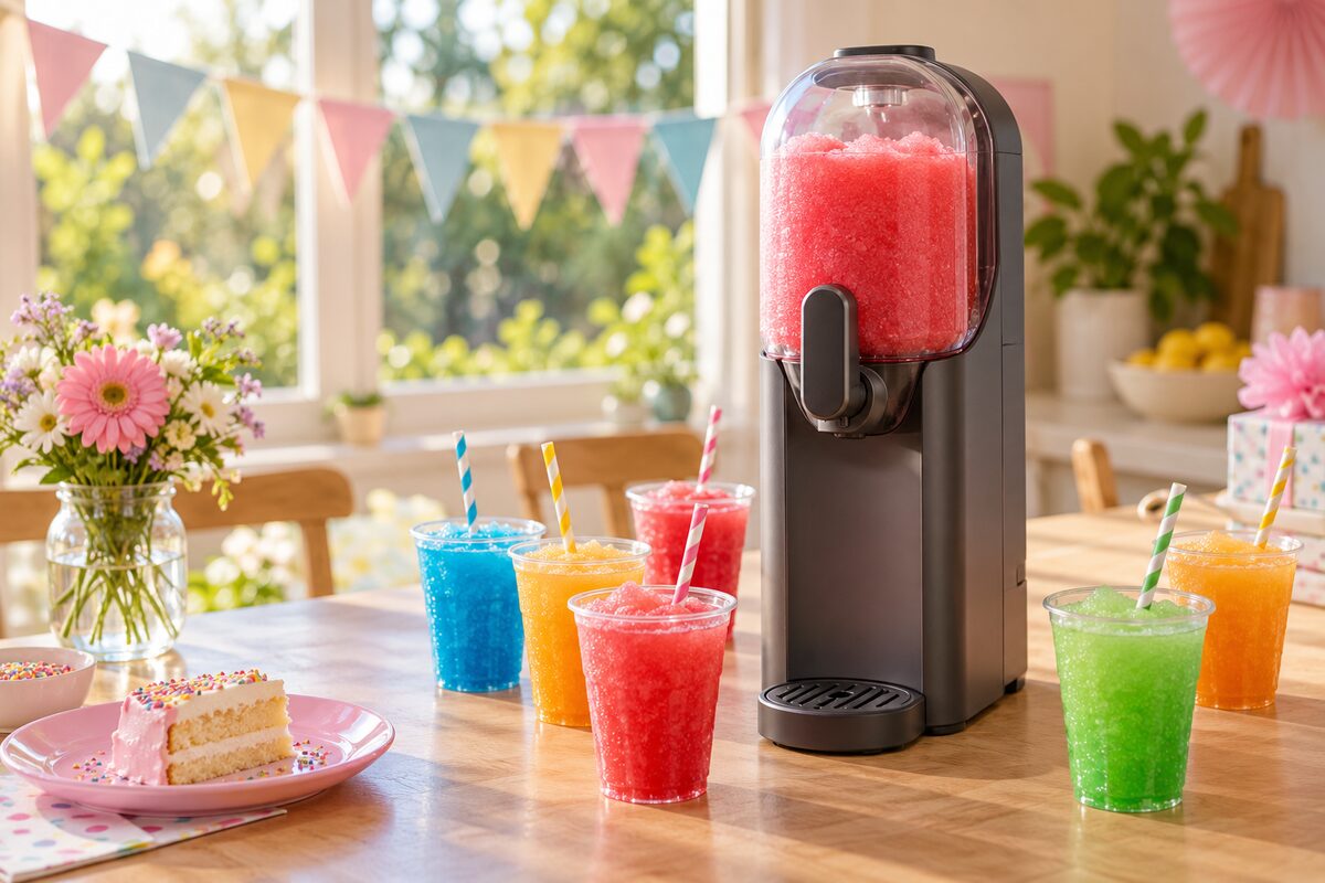 Illustration of a countertop slushy machine on a sunny party table, with cups of slushy, striped straws, bunting and birthday cake.