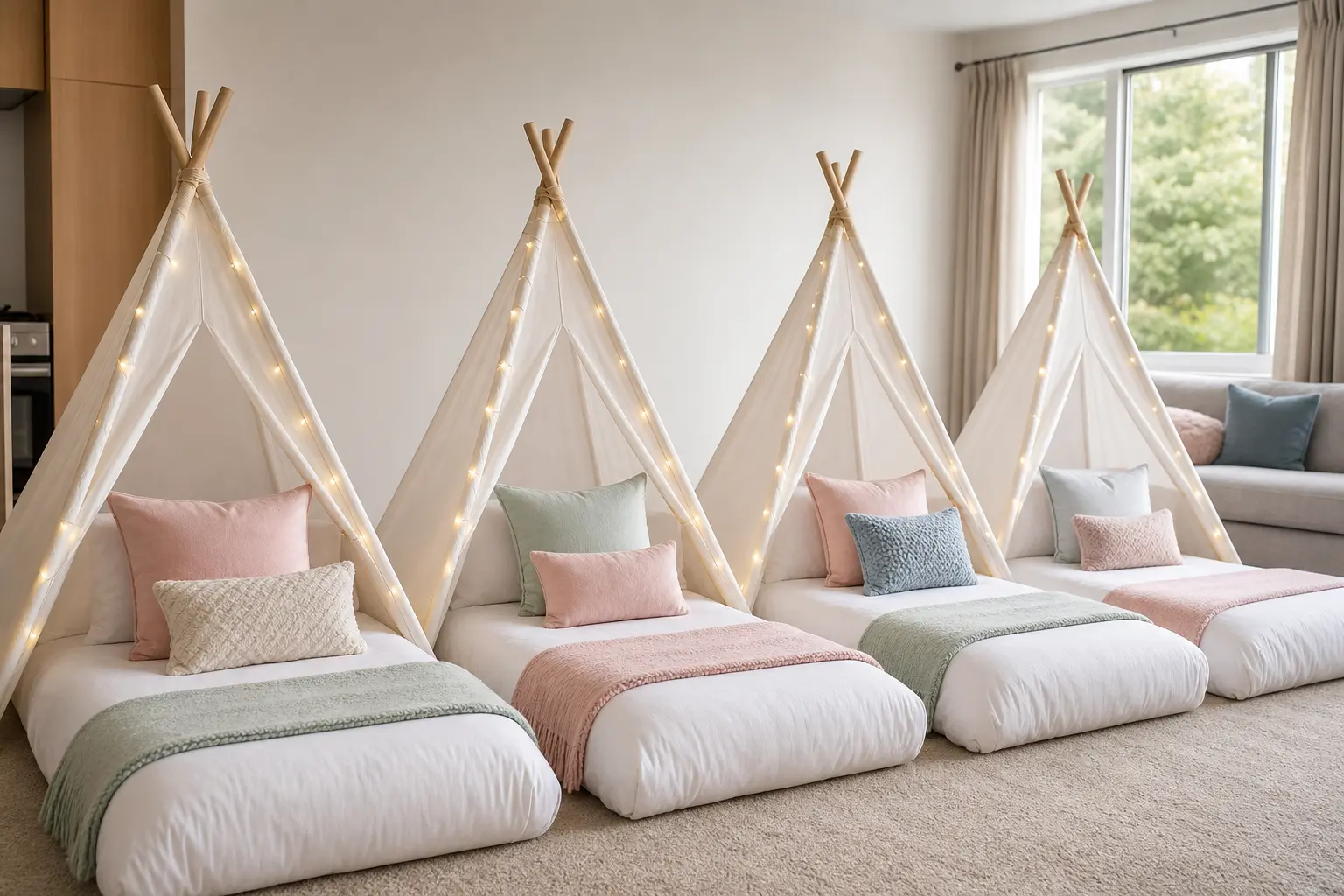 Concept setup with four white teepee sleepover tents, mattresses, pastel pillows, blankets and warm fairy lights in a family living room.